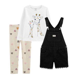 NEW Carter's Kids Glitter Giraffe Print Shirt Lace Shortalls Heart Legging Set